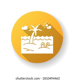 Seaside resort yellow flat design long shadow glyph icon. Summer vacation, tropical tourism, paradise island. Recreation on exotic beach, sea shore with palm tree silhouette RGB color illustration