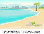 Seaside sand beach cartoon flat vector illustration. Hotels on the seashore
