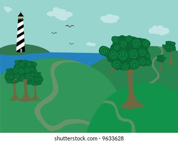 Seaside scene by valleys and trees with birds and ocean