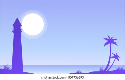 Seaside scenery with palm and lighthouse
