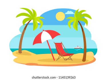 Seaside seashore sunny beach vector. Deck chair placed under umbrella protecting from burning sun. Tropical palm trees and ship, vessel in distance