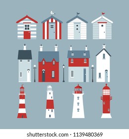 Seaside set with beach huts, houses and  lighthouses. 