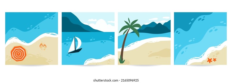 Seaside set. Sand, mountains and ocean, yacht and palm. Paradise landscape, summer vacation square card, travel background. Tropical resort poster or banner. Vector beach illustration