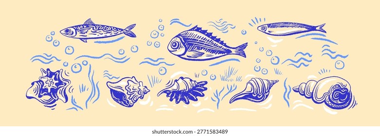 Seaside summer collection of shell sketch and marine fish. Beach themed doodle set with seaweed and nautical element in organic hand drawn outline style. Vector texture crayon illustration