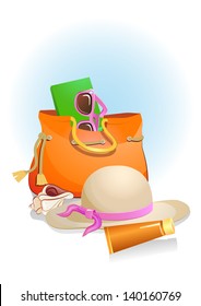 seaside summer holiday background with sand,bag,hat, shells and sunglasses