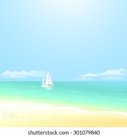 Seaside summer vacation background. Beautiful seascape of calm ocean and floating yacht. Vector illustration EPS10
