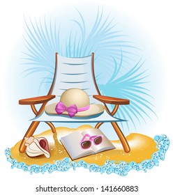 seaside summer vacation background with palm,chair,umbrella,hat, shells and sunglasses