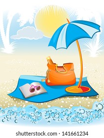 seaside summer vacation background with palm,hat,umbrella, sunglasses