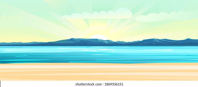 Seaside. Surf line. Sea and waves. On the horizon there is a rocky shore. Flat style illustration. Sand beach.