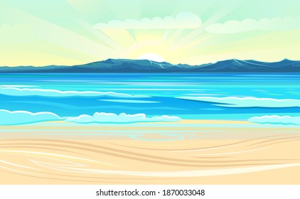 Seaside. Surf line. Sea and waves. On the horizon there is a rocky shore. Flat style illustration. Sand beach. Vector