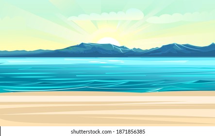 Seaside. Surf line. Sea and waves. On the horizon there is a rocky shore. Flat style illustration. Sand beach. Vector