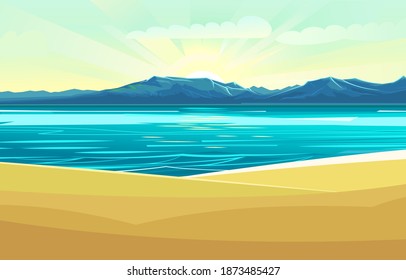 A pie de playa. Línea de surf. Mar y olas. En el horizonte hay una orilla rocosa. Ilustración de estilo plano. Playa de arena. Vector
