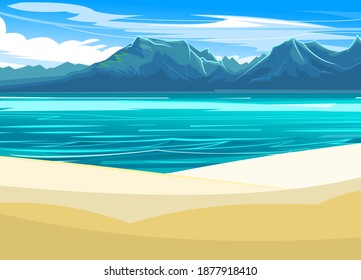 A pie de playa. Línea de surf. Mar y olas. En el horizonte hay una orilla rocosa. Ilustración de estilo plano. Playa de arena. Vector