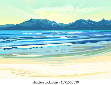 Seaside. Surf line. Sea and waves. On the horizon there is a rocky shore. Flat style illustration. Sand beach. Vector