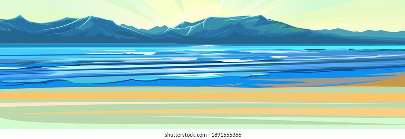 Seaside. Surf line. Sea and waves. On the horizon there is a rocky shore. Flat style illustration. Sand beach. Vector