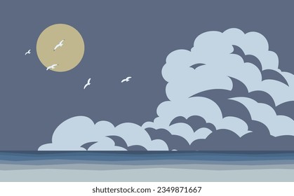 Seaside and thunderheads on a full moon night