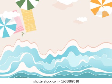 Seaside top down view. Waves beating the seashore, colorful umbrellas and beach towels. Clouds in the sky. Soft light sand. Modern vector illustration for web and print. Vacation and travel concept.