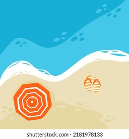 Seaside top view. Sand and ocean with flip flops and umbrella, paradise landscape, summer vacation square card, travel background. Tropical resort poster or banner, vector beach illustration