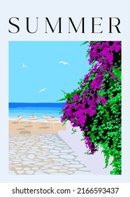 Seaside town beach. Stone road with bougainvillea towards the beach. Hand drawn vector illustration poster design.