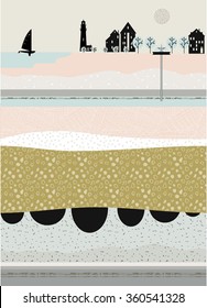 Seaside town. Day. Earth section. Abstract poster. Ink hand drawn textures. Stock vector.