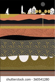 Seaside town. Night. Earth section. Abstract poster. Ink hand drawn textures. Stock vector.