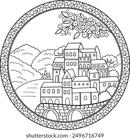 Seaside traditional coastal village .Coloring book for children, coloring book for adults. Tourist coloring book