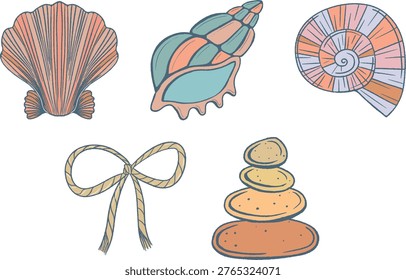 Seaside treasures and decorative vector collection. Hand drawn sea shells, pebble stack and nautical rope bow illustrations. Coastal aesthetic elements. Perfect for spa branding, wellness design, wedding stationery, souvenir packaging and home decor prints.