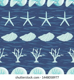 Seaside treasures seamless vector pattern with starfish, coral, nautilus and oyster shells on a blue textured background. Beautiful hand drawn elements, perfect design for textiles, decor and fashion.