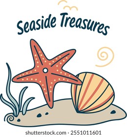 Seaside Treasures: Estrellas de mar y conchas de mar de diseño plano de Vector