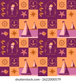 Seaside vacation. Beautiful seamless patchwork pattern in sunset colors. Yachts, cocktail, seaweed frame, fish, compass, steering wheel, anchor on orange and purple background. Beautiful fabric print.