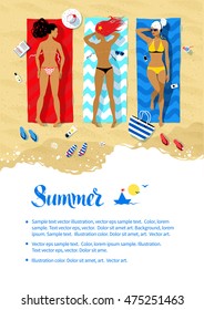 Seaside vacation design with vector illustration of three young women lying on beach and sunbathing with summer accessories and sea surf near them. 