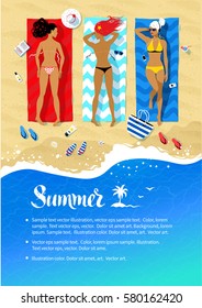 Seaside vacation design with vector illustration of three young women lying on beach and sunbathing with summer accessories and sea surf near them. 