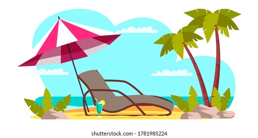 Seaside vacation flat vector illustration. Empty beach with umbrella, sun lounger on hot sand. Traveling in exotic, island, country. Tropical paradise with turquoise ocean waves and palm trees