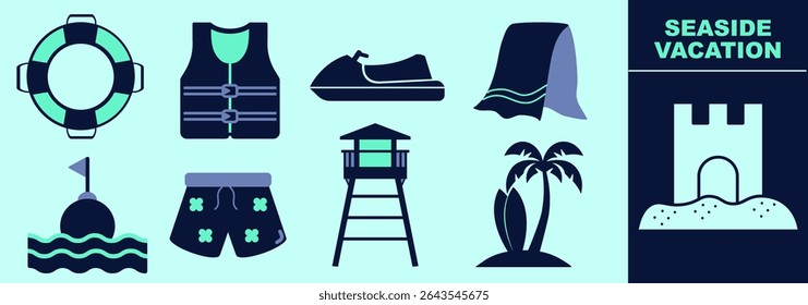 Seaside vacation icon set with life belt, life vest, opened umbrella, buoy, ski jet, towel, men swimming shorts, lifeguard tower, surf boards, sand castle. Editable icon elements, size and color.