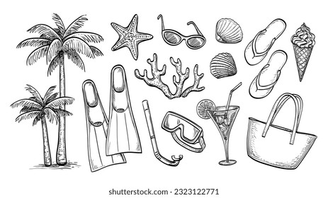 Seaside Vacation Ink Sketches set. Hand drawn vector illustration.
