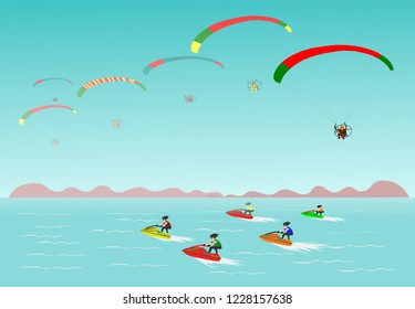 Seaside vacation in the sky gliders. There is a jet ski in the sea blue sky background