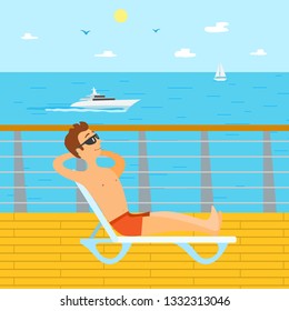 Seaside vacation vector, man sitting on deck-chair wearing sunglasses. Sunbathing tourists looking at sea, ship on water surface, sailboat and clear sky