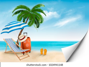 Seaside vacation vector. Travel items on the beach. 