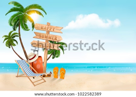 Seaside vacation vector. Travel items on the beach. 