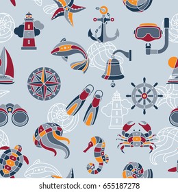 Seaside vector seamless pattern with nautical design elements