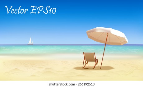 Seaside view background, chair under umbrella on sunny beach. Vector eps10 illustration.