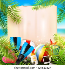 Seaside view on beautiful sunny beach with palm leaves, beach ball, sunglasses,diving fins and flip-flops - vector background with empty paper with place for your message