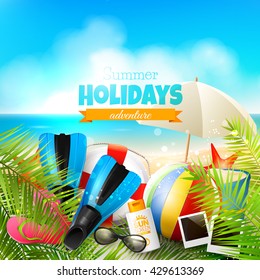 Seaside view on beautiful sunny beach with palm leaves, beach ball, sunglasses and flip-flops - vector background

