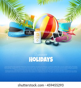 Seaside view on beautiful sunny beach with palm leaves, beach ball, sunglasses,diving fins and flip-flops. Summer vacation concept