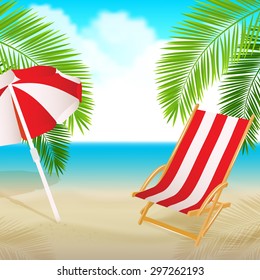 Seaside view with a palm, beach chair and umbrella