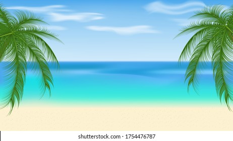 Seaside view with palm, summer beach, vacation background. Vector illustration.