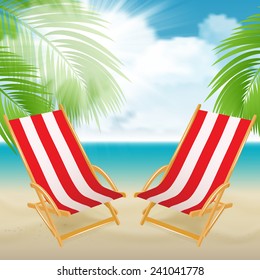Seaside view with a palm tree, beach chair.