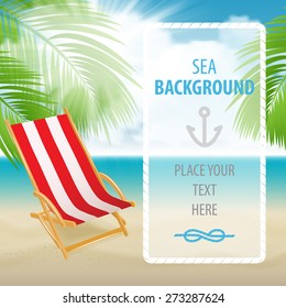 Seaside view with a palm tree, beach chair.