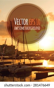Seaside view poster. Vector background. Sailing yacht boats on ocean water at sunset.  Can be used for summer background, banners, posters and web page