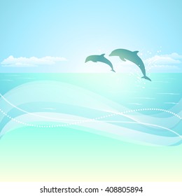 Seaside view with silhouette of two jumping dolphins. Abstract background with space for your text. Vector Eps10